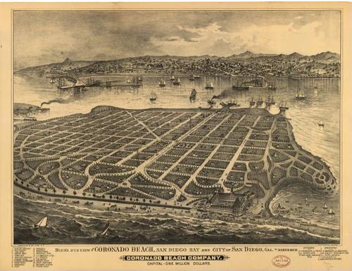 E65 - Birds eye view of Coronado Beach San Diego Bay and city of San Diego Cal in distance