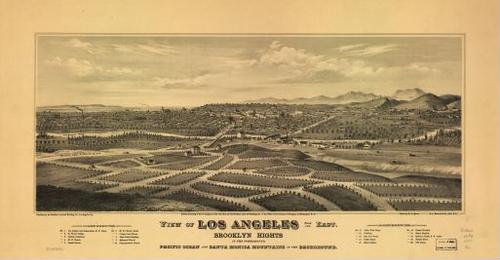 E65 - View of Los Angeles from the east Brooklyn Hights in the foreground Pacific Ocean and Santa Monica Mountains in the background