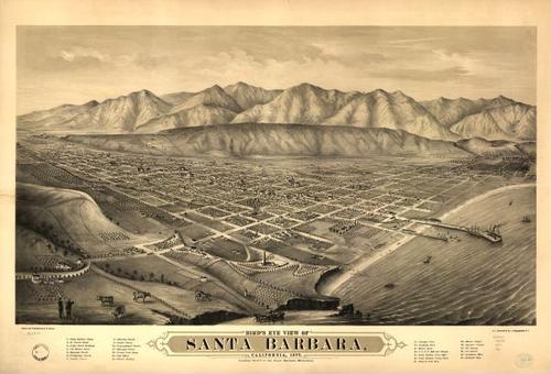 E65 - Birds Eye View of Santa Barbara California 1877 Looking North to the Santa Barbara Mountains