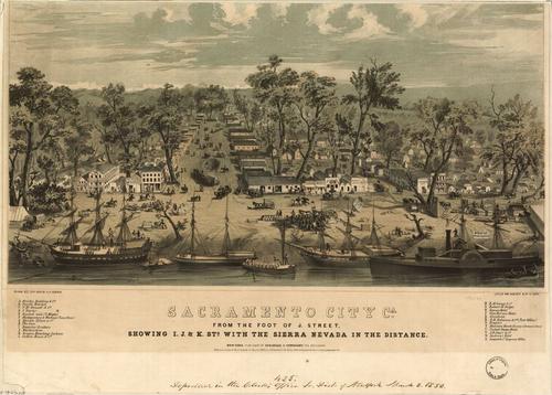 E65 - Sacramento City California from the foot of J Street Showing  J and K Sts with the Sierra Nevada in the Distance - 1850