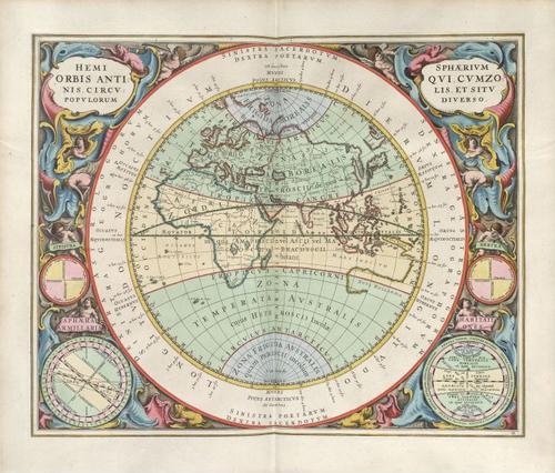 E67 HEMISPHAERIVM ORBIS ANTIQVI CVM ZONIS CIRCVLIS ET SITV POPVLORUM DIVERSO