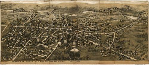 E70 - Birds Eye View of Village of Barre Massachusetts by WR Spooner in 1890