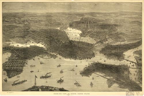E70 - Birds Eye View of Boston United States by T Sulman in 1870