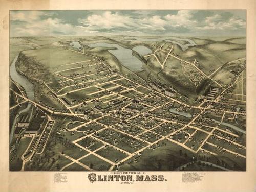 E70 - Birds Eye View of Clinton Massachusetts by OH Bailey and Co in 1876