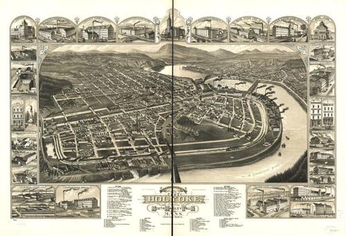 E70 - Birds Eye View of the City of Holyoke and Village of South Hadley Falls Massachusetts by Beck and Pauli in 1881 