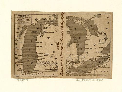 E72 - Railroads in Michigan with Steamboat Routes on the Great Lakes - John Doggett - 1848