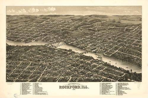 E74 - Birds Eye View of the City of Rockford Illinois  - JJ Stoner - 1880
