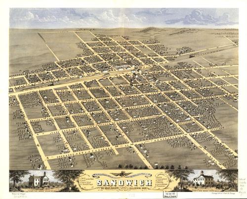 E74 - Birds Eye View of the City of Sandwich De Kalb County Illinois  - A Ruger - 1869