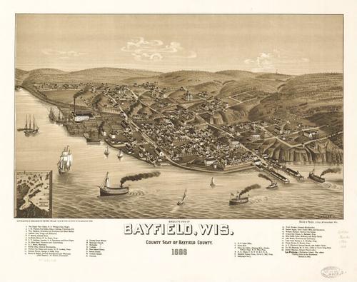 E78 - Birds Eye View of Bayfield Wisconsin County Seat of Bayfield County - Beck and Pauli - 1886