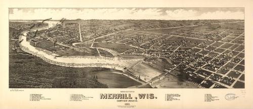 E78 - Birds Eye View of Merrill Wisconsin County Seat Lincoln Co - Henry Wellge - 1883