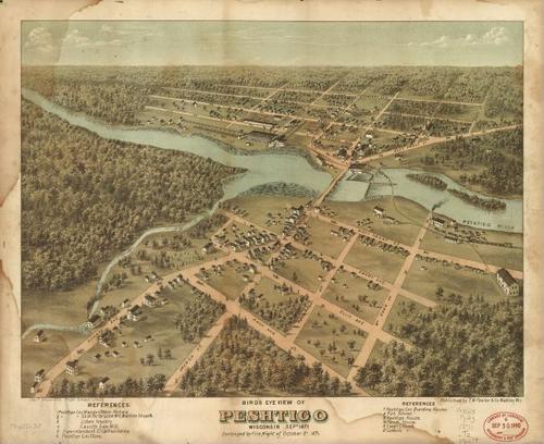 E78 - Birds Eye View of Peshtigo Wisconsin Sept - Charles Shober and Co - 1871