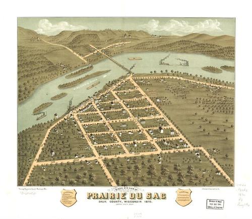 E78 - Birds Eye View of Prairie du Sac Sauk County Wisconsin - Ruger and Stoner - 1870