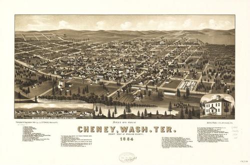 E79 - Birds Eye View of Cheney Wash Ter County Seat of Spokane County - Beck and Pauli - 1884