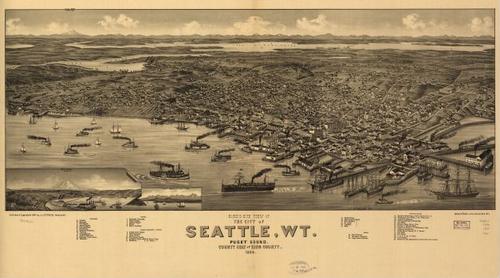 E79 - Birds Eye View of the City of Seattle WT Puget Sound County Seat of King County - Beck and Pauli - 1884