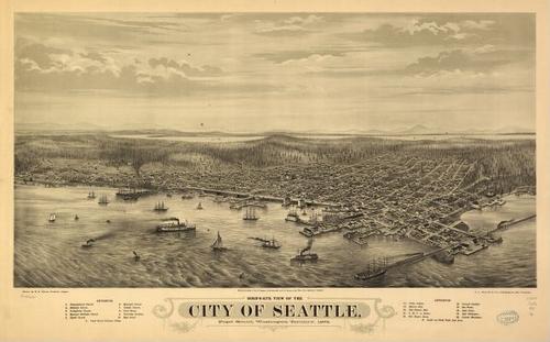 E79 - Birds Eye View of the City of Seattle Puget Sound Washington Territory - AL Bancroft - 1878