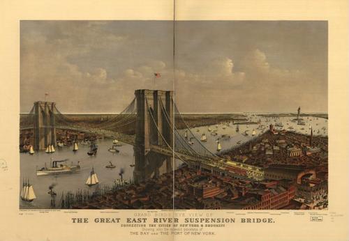 E95 - Grand birds eye view of the Great East River Suspension Bridge - 1885