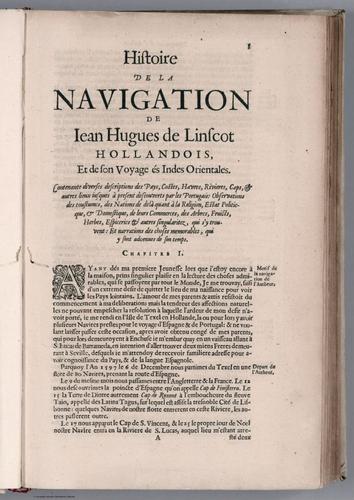 E99 - Section Title and Text: Histoire de la Navigation de Iean Hugues de Linscot ... Indes Orientales.
