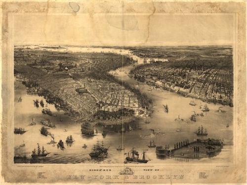 E106 - Birds eye view of New York & Brooklyn - 1851
