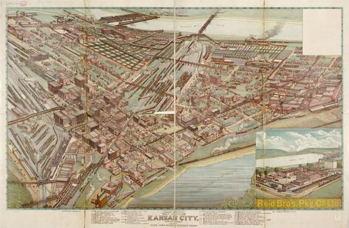 E107 - Panoramic view of the west bottoms Kansas City Missouri and Kansas showing stock yards packing and wholesale houses