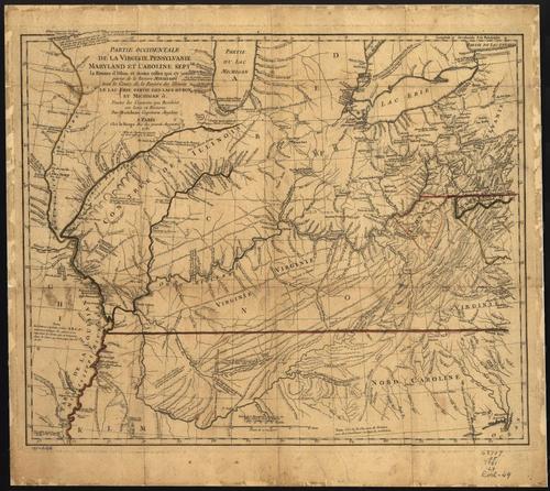 E109 - Partie occidentale de la Virginie, Pensylvanie, Maryland, et Caroline Septle. la rivière d'Ohio, et toutes celles qui s'y jettent, partie de la Rivière Mississippi, tout le cours de la rivière de Illinois, le Lac Erie, partie des Lacs Huron et Michigan &. toutes les contrées qui bordent ces lacs et rivières,