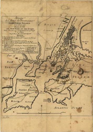 E109 - Attaque de l'armée des provinciaux dans Long Island du 27. aoust 1776; dessin de l'isle de New-York et des Etats.