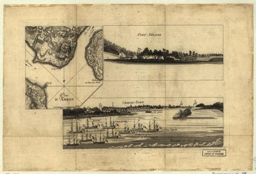 E109 - [Plan d'Amboy. Vues de la rade de Charles-Town et de Fort Sulivan, mai 1780.