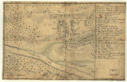 E109 - Sketch of the engagement at Trenton, given on the 26th of December 1776 betwixt the American troops under command of General Washington, and three Hessian regiments under command of Colonell Rall, in which the latter a part surrendert themselves prisoner of war.