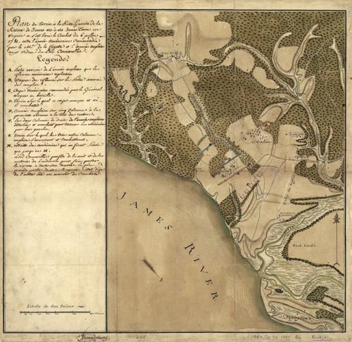 E109 - Plan du terrein à la rive gauche de la rivière de James vis-à-vis Jamestown en Virginie ou s'est livré le combat du 6 juillet 1781 entre l'armée américaine commandée par le Mis. de La Fayette el l'armée angloise aux ordres du Lord Cornwallis.