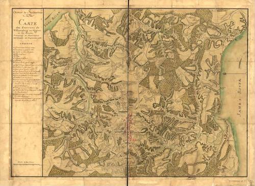E109 - Armée de Rochambeau, 1782. Carte des environs de Williamsburg en Virginie où les armées françoise et américaine ont campés en Septembre 1781.
