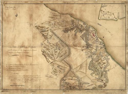 E109 - Siege d'York, 1781. Plan d'York en Virginie avec les attaques et les campemens de l'Armée combinée de France et d'Amérique.