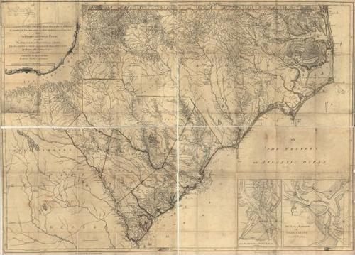 E109 - [An accurate map of North and South Carolina, with their Indian frontier, shewing in a distinct manner all the mounta]ins, rivers, swamps, marshes, bays, creeks, harbours, sandbanks and soundings on the coasts; with the roads and Indian paths; as well as the boundary or provincial lines, the several townships, and other divisions of the land in both the provinces;