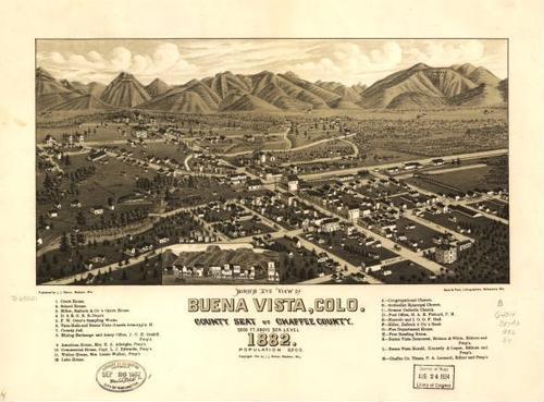 E112 - Birds eye view of Buena Vista Colorado county seat of Chaffee County - 1882