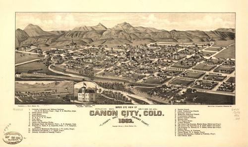 E112 - Birds eye view of Canon City Colorado county seat of Fremont County - 1882