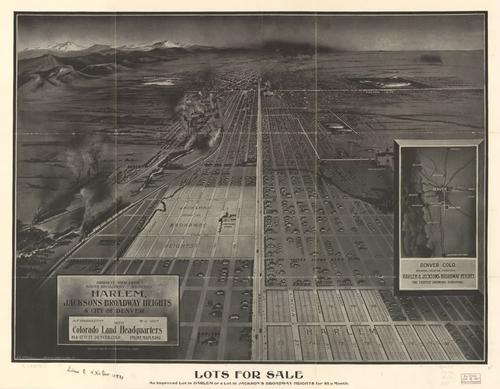 E112 - Birds eye view from South Broadway showing Harlem Jacksons Broadway Heights and city of Denver