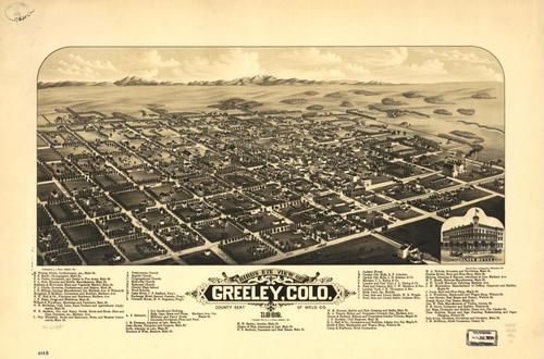 E112 - Birds eye view of Greeley Colorado county seat of Weld Co - 1882