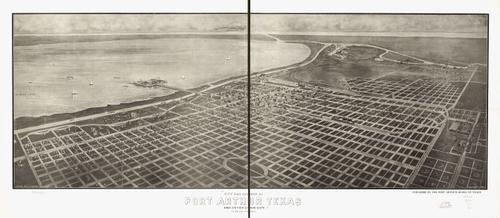 E113 - City and harbor of Port Arthur Texas birds eye view looking south to the Gulf of Mexico