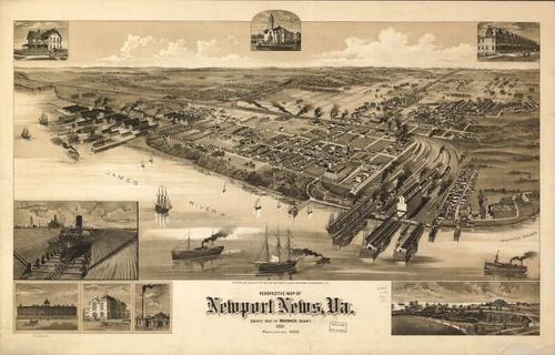 E118 - Perspective map of Newport News Virginia county seat of Warwick County - 1891