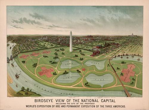 E121 - Birdseye view of the National Capital including the site of the proposed Worlds Exposition of 1892 and Permanent Exposition of the Three Americas