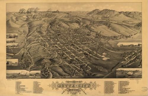 E129 - Birds eye view of Butte-City Montana county seat of Silver Bow Co - 1884