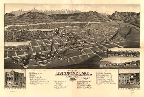 E129 - Birds eye view of Livingston Montana Gallatin County - 1883