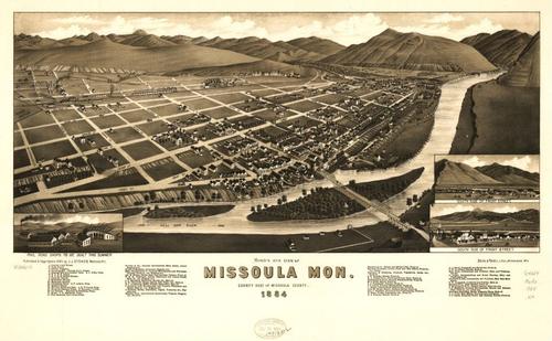 E129 - Birds eye view of Missoula Montana county seat of Missoula County - 1884