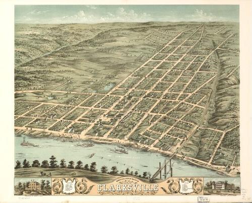 E130 - Birds eye view of the city of Clarksville Montgomery County Tennessee - 1870