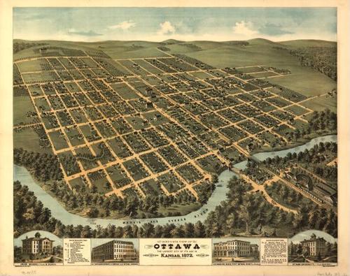 E133 - Birds-eye view of Ottawa the largest city of its age in Kansas - 1872