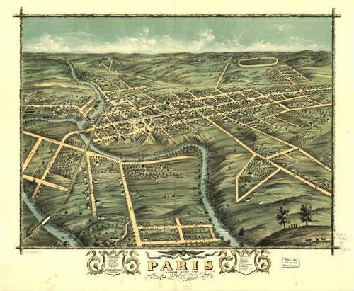 E135 - Birds eye view of the city of Paris Bourbon County Kentucky - 1870