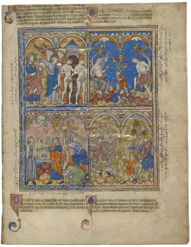 E183.2r - The Expulsion from Paradise, The Trials of Man and Woman, The Sacrifices of Cain and Abel; Cain Murders His Brother, The Death of Cain