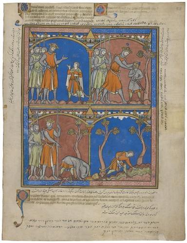 E183.28r - David Petitions Saul, David Armed for the Combat, David Removes the Armor