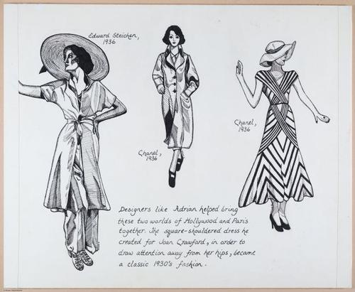 Fashion Timeline, 1930's & 1940's, pen & ink