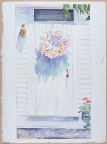 Porte avec couronne de fleurs.Karen McCombe painting course, non-original work.&nbsp;