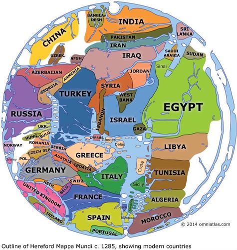 Hereford Mappa Mundi with modern countries