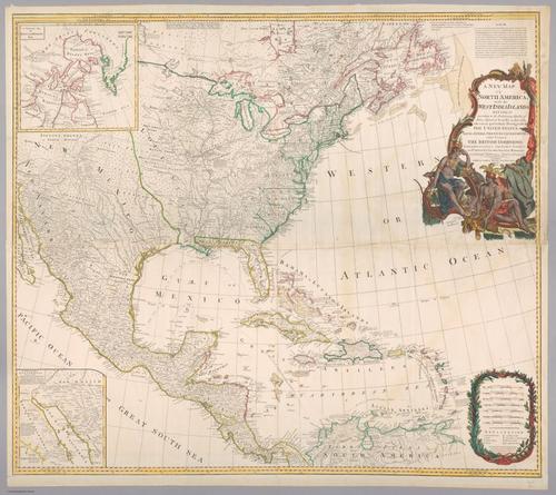 E560 - A New map of North America with the West India Islands : divided according to the preliminary articles of peace, signed at Versailles, 20. Jan. 1783, wherein are particularly distinguished the United States and the several provinces, governments & ca which compose the British Dominions : laid down according to the latest surveys, and corrected from the original materials, of Goverr. Pownall, Membr. of Parliamt (1794) - Jane and Ronald Gibbs Collection
